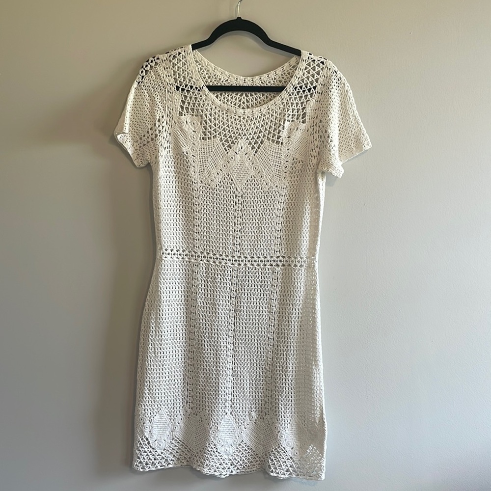 White cotton crochet small dress from Saks Fifth Avenue. 16.25” APTAP 33” long